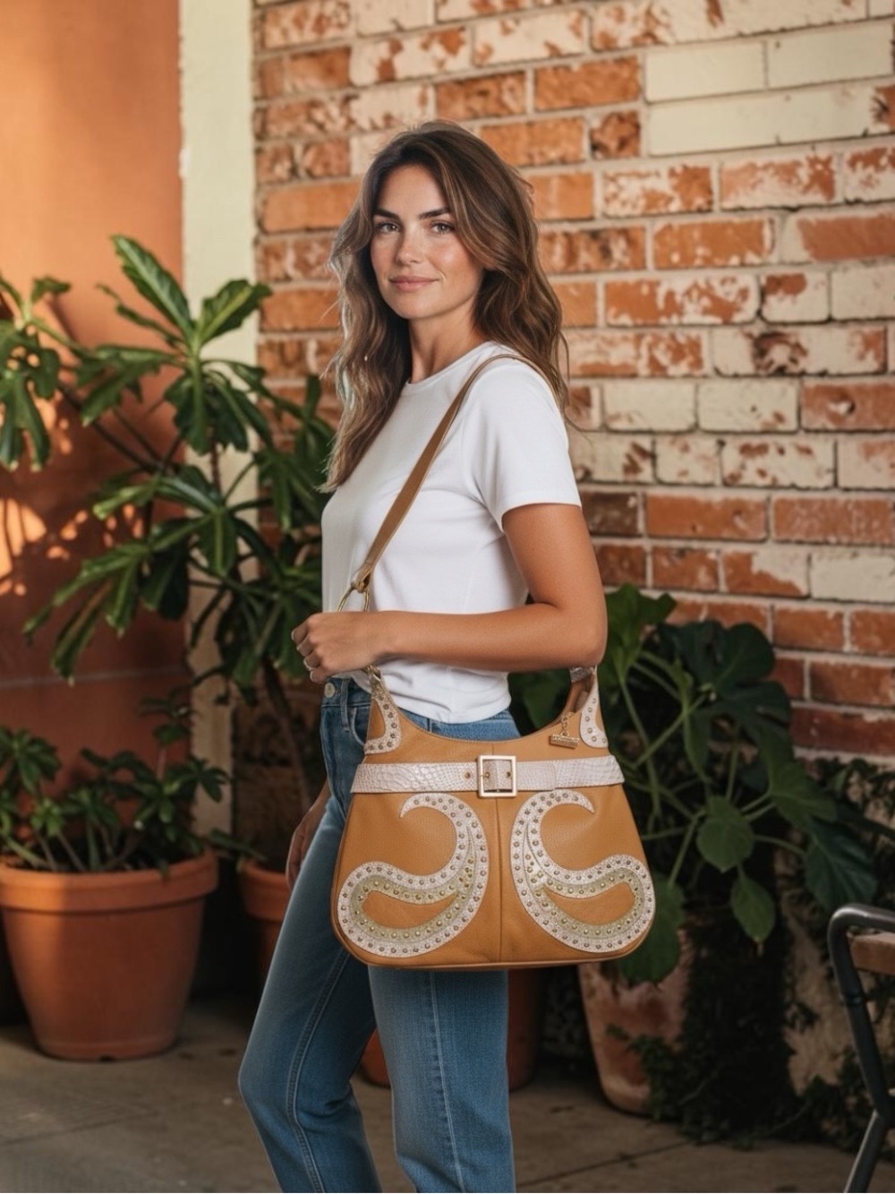 Babee D Vintage Chunky Tan and Gold Leather Shoulder Bag Y2K